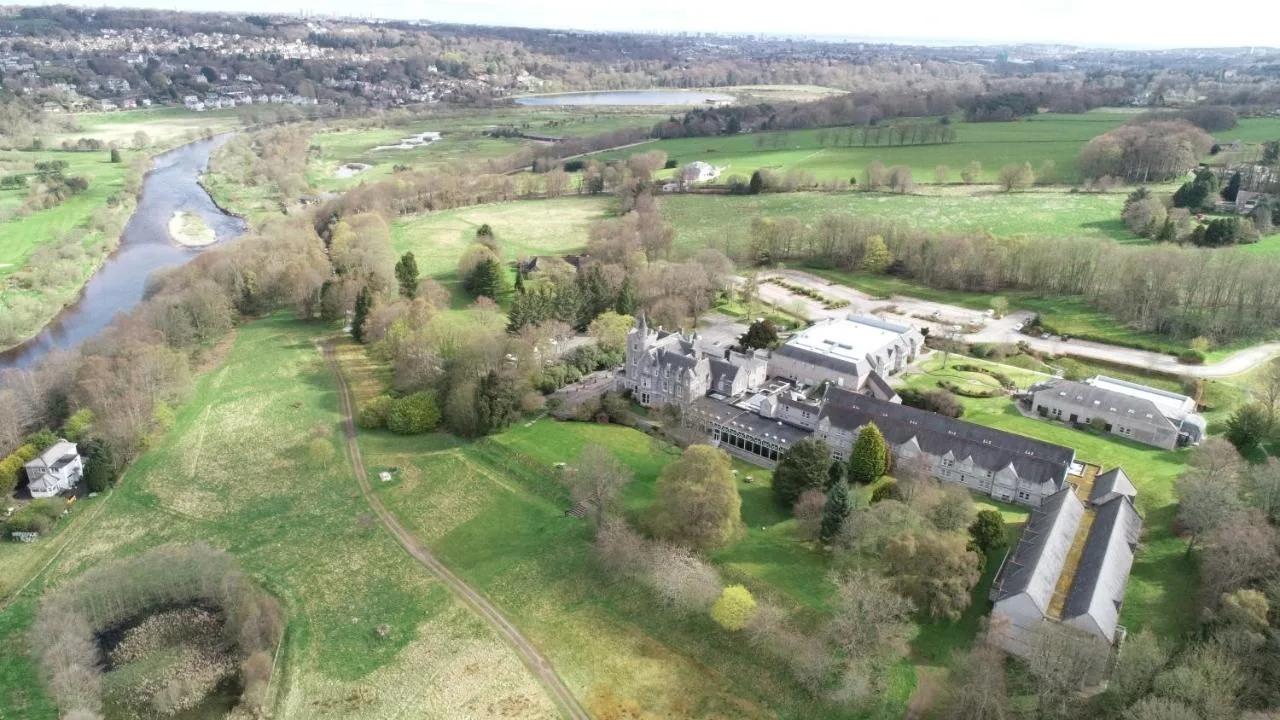 Aerial view of the Ardoe House mansion set in Aberdeenshire countryside
